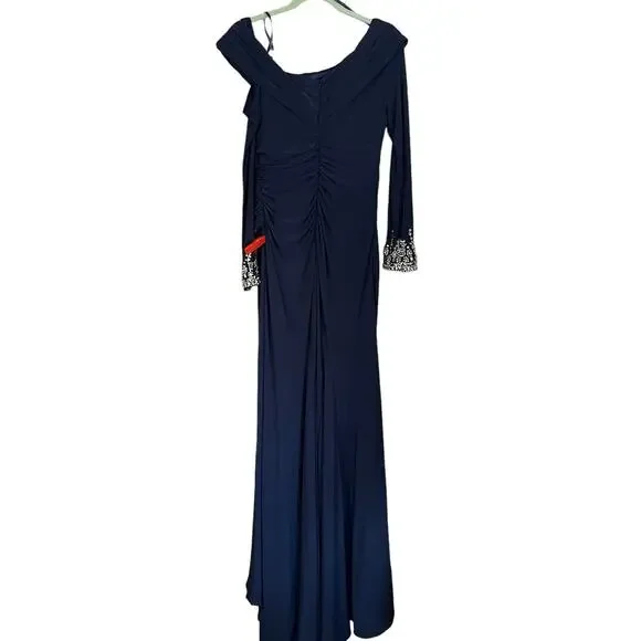 Mac Duggal 10 NEW Beaded Cuff Drop Shoulder Faux Wrap Gown Midnight Blue 12231 - Picture 6 of 8